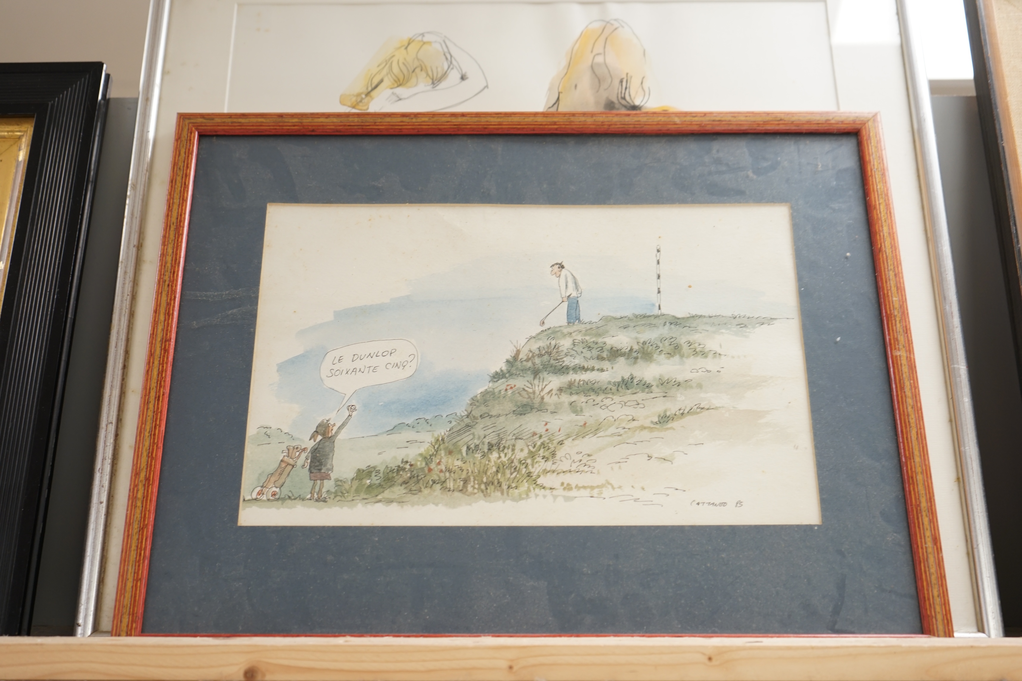 Two ink and watercolours, comprising Cattaneo, French golfing scene, 'Le Dunlop Soixante Cinq?' signed and dated '85 and two semi nude females, indistinctly signed Cullup?, largest 35 x 39cm. Condition - fair